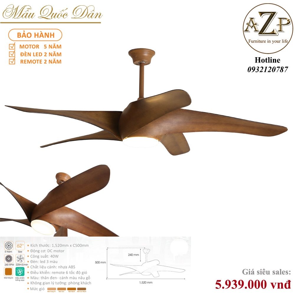 Quạt Nhóm Quốc Dân 5 Cánh Gỗ - Có Đèn/ Bảo Hành 5 năm AZP-QQD58