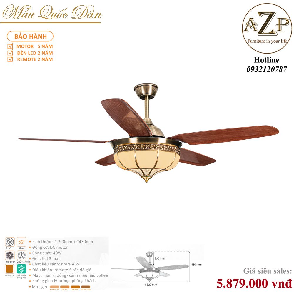 Quạt Nhóm Quốc Dân 5 Cánh Nhựa ABS - Có Đèn/ Bảo Hành 5 năm AZP-QQD100 9