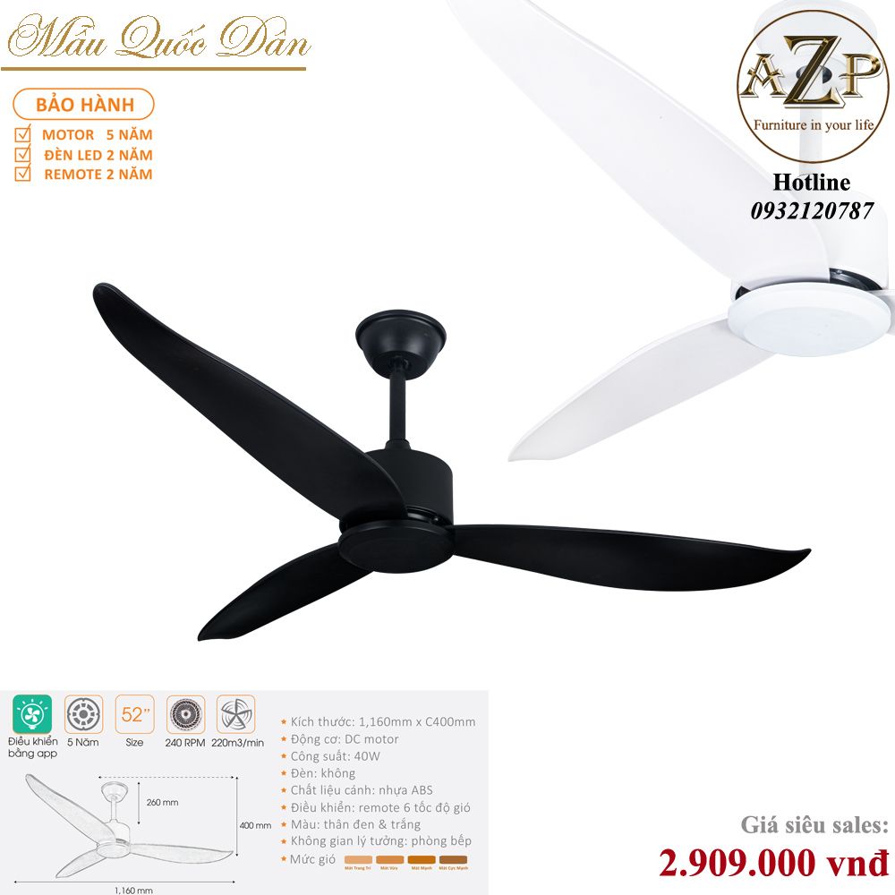 Quạt Nhóm Quốc Dân 3 Cánh Nhựa ABS - Không Đèn/ Bảo Hành 5 năm AZP-QQD100 24