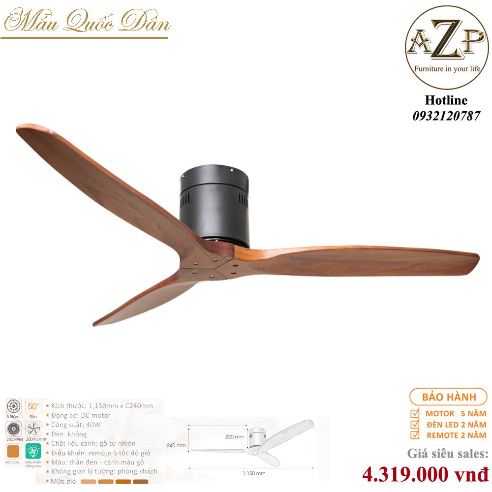 Quạt Nhóm Quốc Dân 3 Cánh Gỗ - Không Đèn/ Bảo Hành 5 năm AZP-QQD100 62