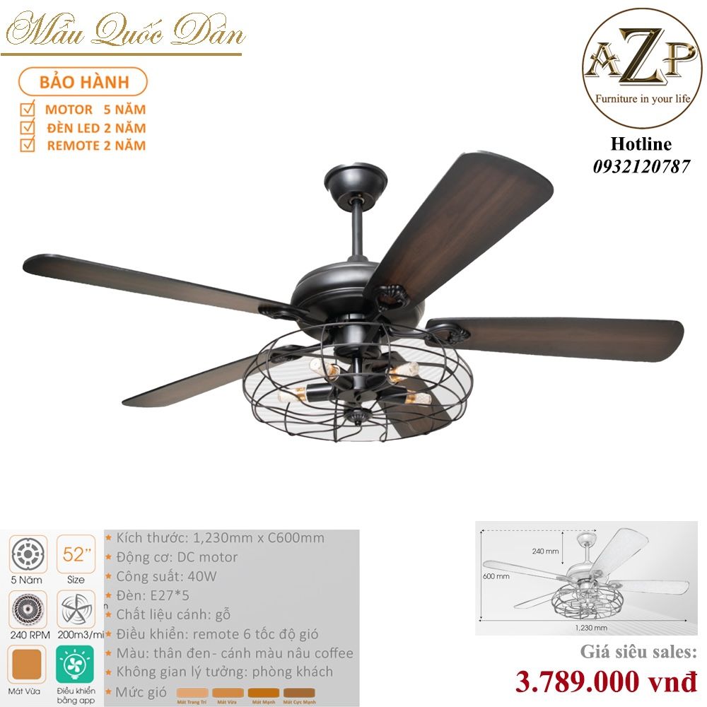 Quạt Nhóm Quốc Dân 5 Cánh Gỗ - Có Đèn/ Bảo Hành 5 năm AZP-QQD34