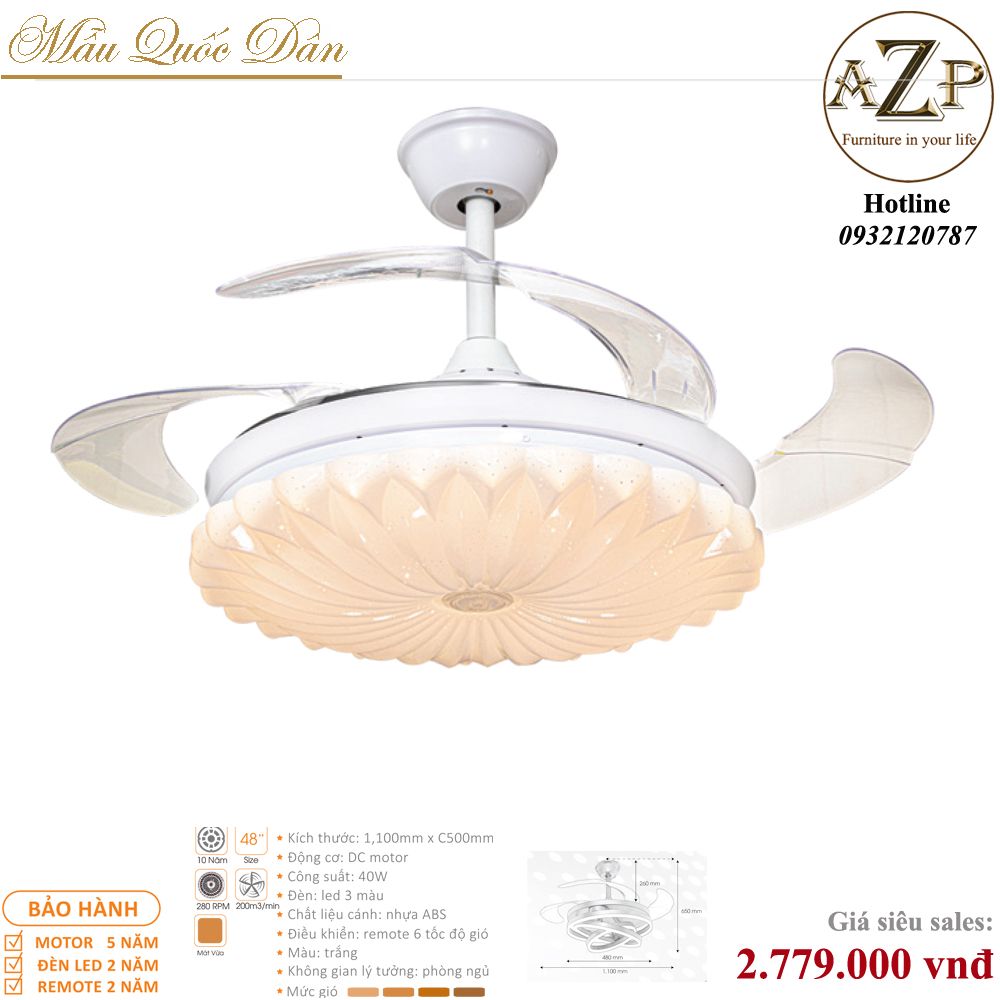 Quạt Nhóm Quốc Dân 4 Cánh Nhựa ABS - Có Đèn/ Bảo Hành 5 năm AZP-QQD100 48