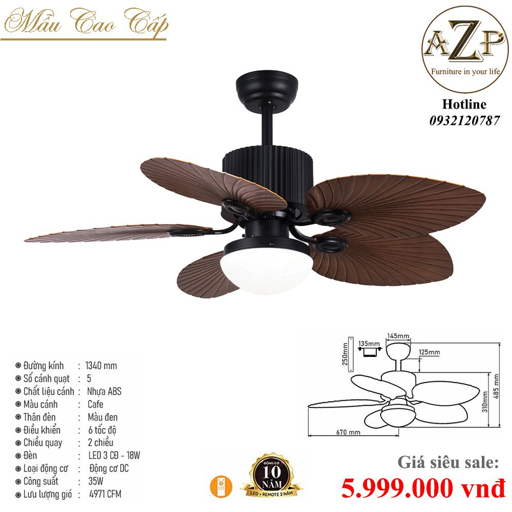 Quạt Nhóm Trung Lưu 5 Cánh Nhựa ABS - Có Đèn/ Bảo Hành 10 năm AZP-QTL48