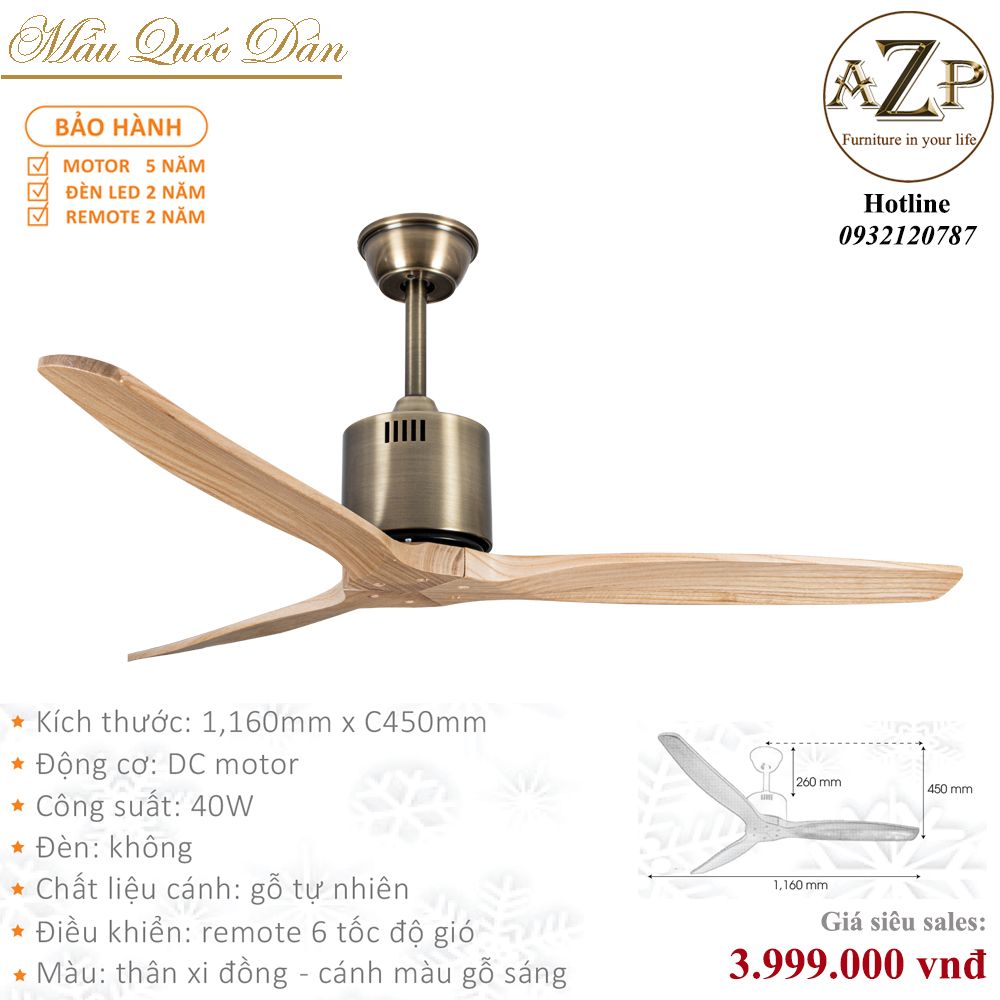 Quạt Nhóm Quốc Dân 3 Cánh Gỗ - Không Đèn/ Bảo Hành 5 năm AZP-QQD4