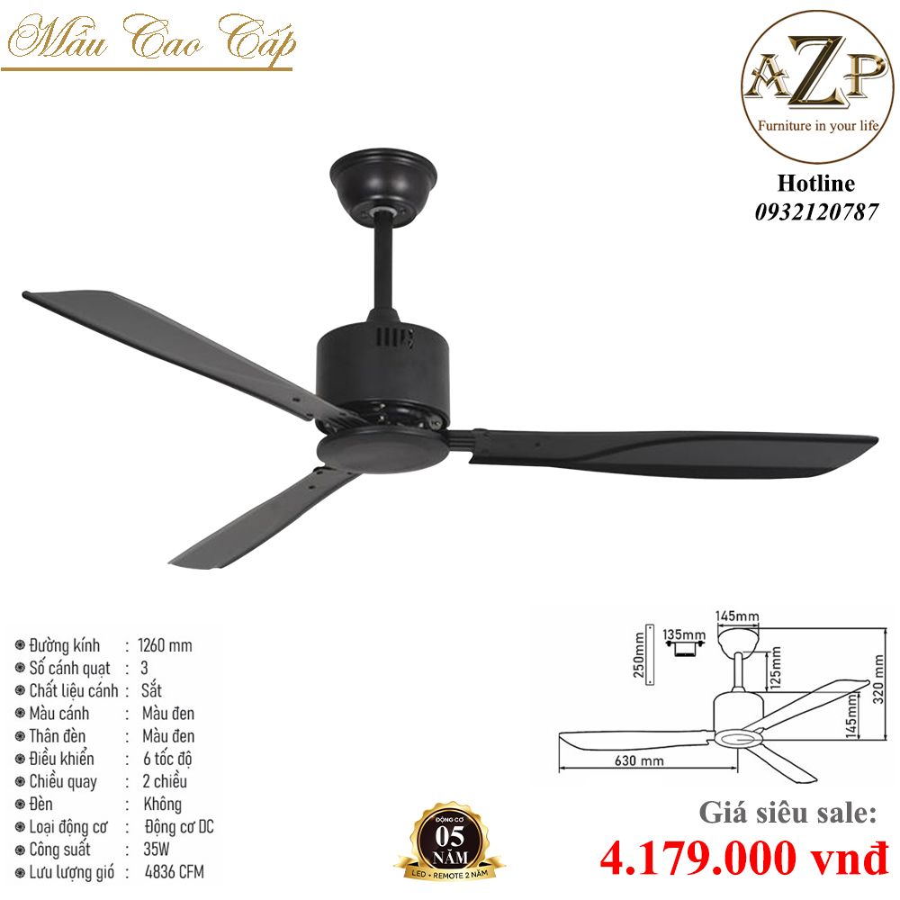 Quạt Nhóm Trung Lưu 3 Cánh Thép  - Không Đèn/ Bảo Hành 10 năm AZP-QTL41