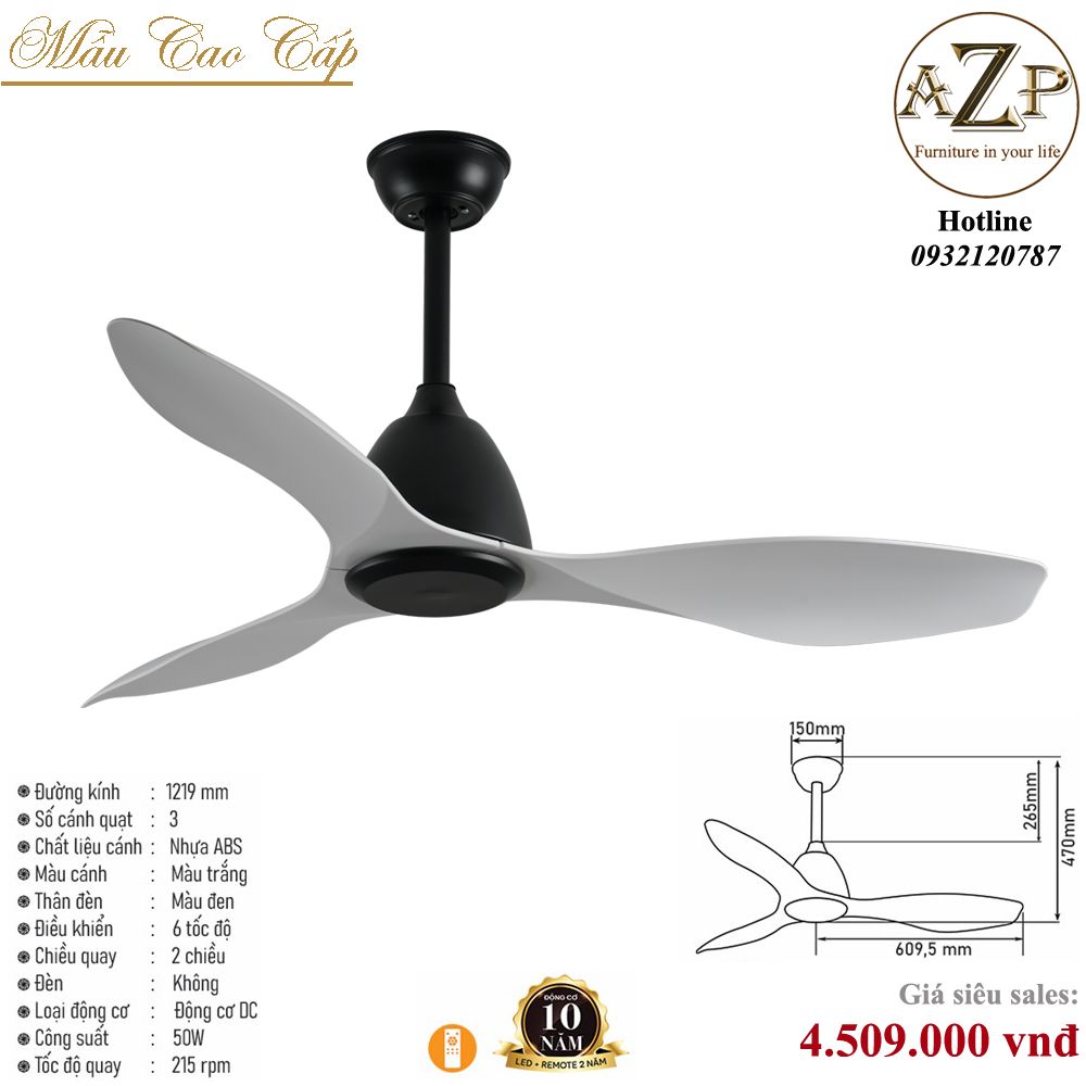 Quạt Nhóm Trung Lưu 3 Cánh Nhựa ABS  - Không Đèn/ Bảo Hành 10 năm AZP-QTL17