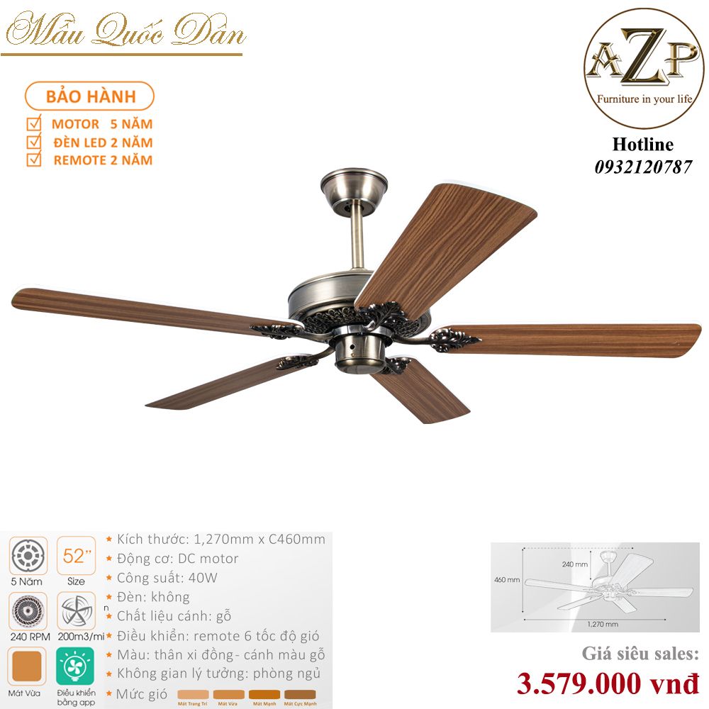 Quạt Nhóm Quốc Dân 5 Cánh Gỗ - Không Đèn/ Bảo Hành 5 năm AZP-QQD35
