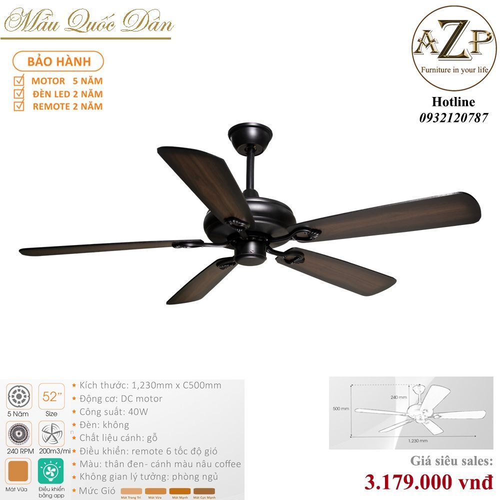Quạt Nhóm Quốc Dân 5 Cánh Gỗ - Không Đèn/ Bảo Hành 5 năm AZP-QQD33