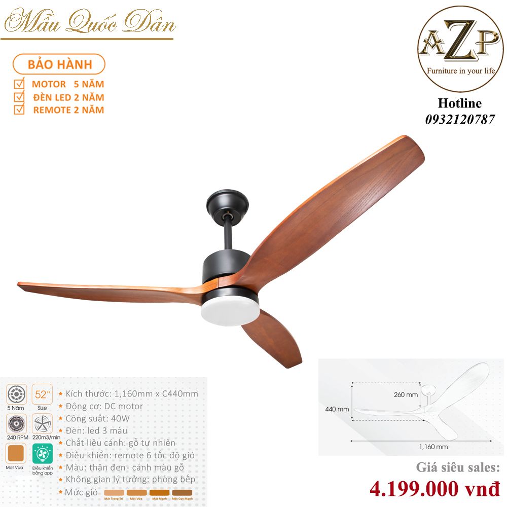 Quạt Nhóm Quốc Dân 3 Cánh Gỗ - Có Đèn/ Bảo Hành 5 năm AZP-QQD7
