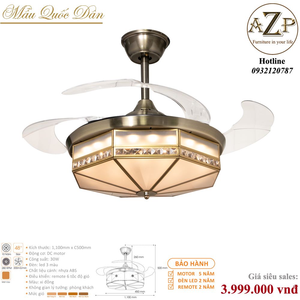 Quạt Nhóm Quốc Dân 4 Cánh Nhựa ABS - Có Đèn/ Bảo Hành 5 năm AZP-QQD100 40