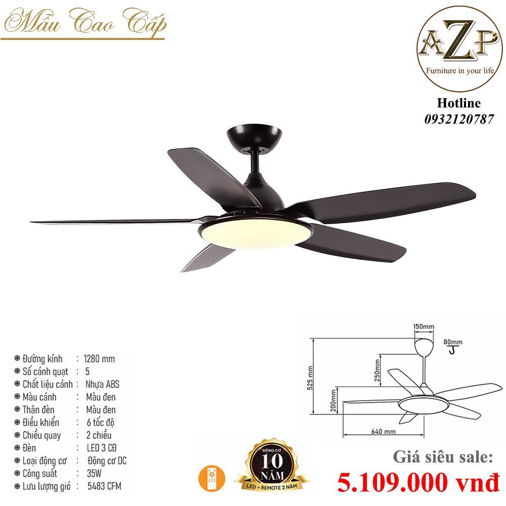 Quạt Nhóm Trung Lưu 5 Cánh Nhựa ABS  -  Có Đèn/ Bảo Hành 10 năm AZP-QTL39