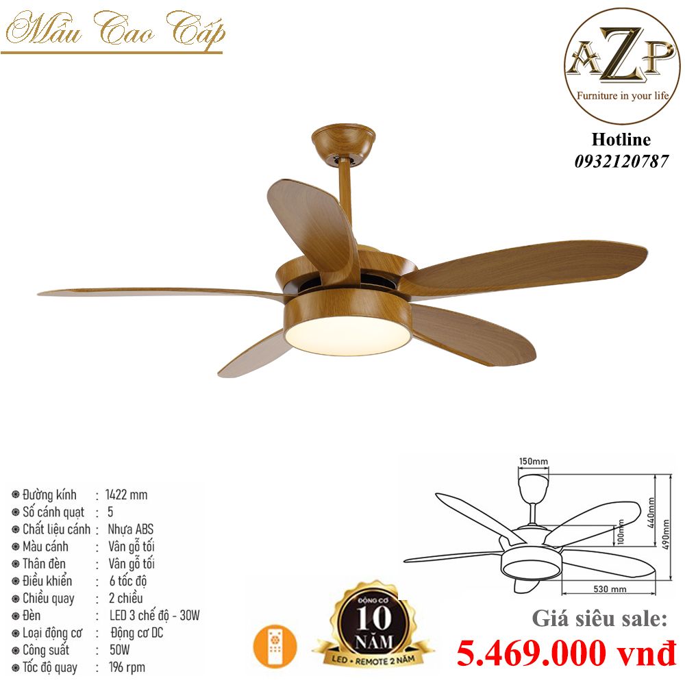 Quạt Nhóm Trung Lưu 5 Cánh Nhựa ABS - Có Đèn/ Bảo Hành 10 năm AZP-QTL35