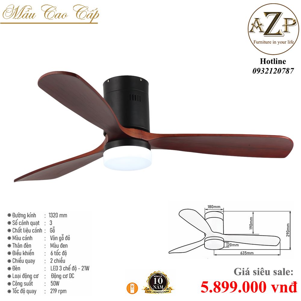 Quạt Nhóm Trung Lưu 3 Cánh Gỗ - Có Đèn/ Bảo Hành 10 năm AZP-QTL68