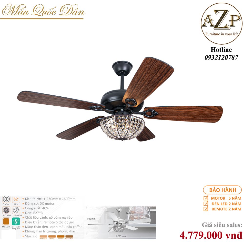 Quạt Nhóm Quốc Dân 5 Cánh Gỗ - Có Đèn/ Bảo Hành 5 năm AZP-QQD26
