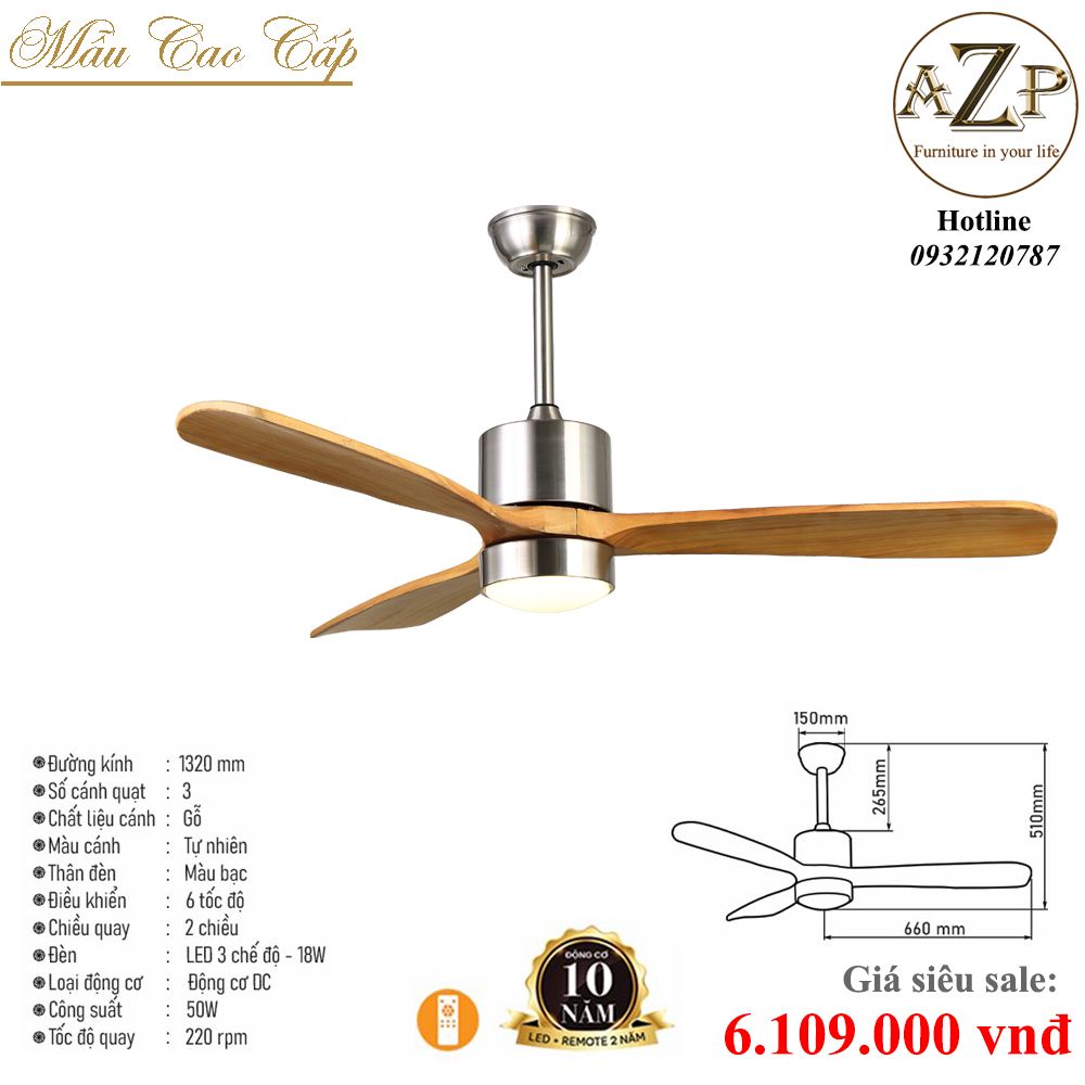 Quạt Nhóm Trung Lưu 3 Cánh Gỗ  - Có Đèn/ Bảo Hành 10 năm AZP-QTL20