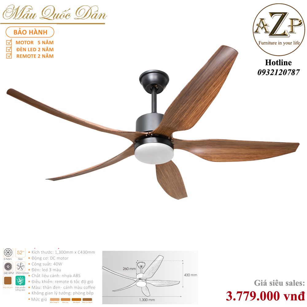 Quạt Nhóm Quốc Dân 5 Cánh Nhựa ABS - Có Đèn/ Bảo Hành 5 năm AZP-QQD100 14
