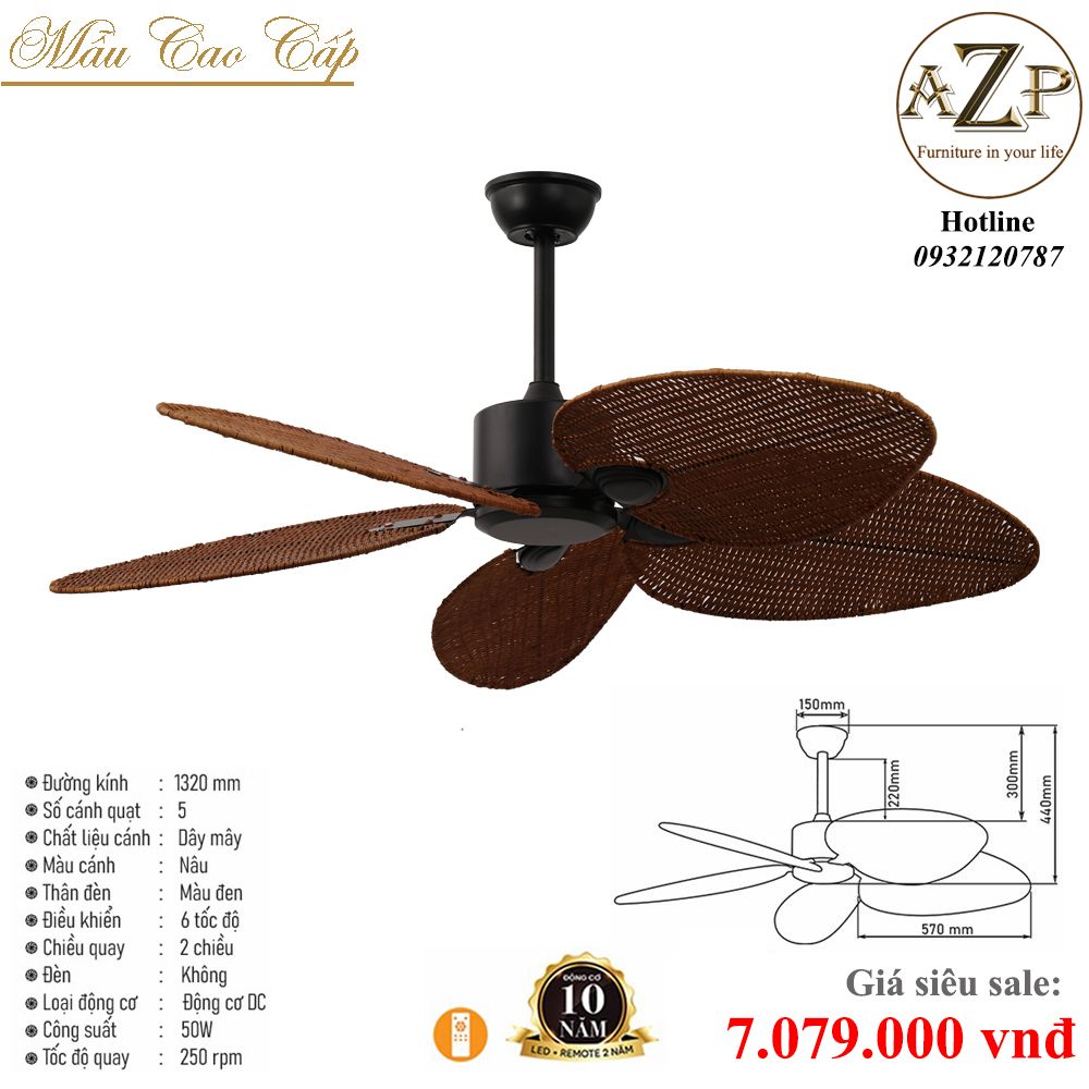 Quạt Nhóm Trung Lưu 5 Cánh Dây Mây - Không Đèn/ Bảo Hành 10 năm AZP-QTL43