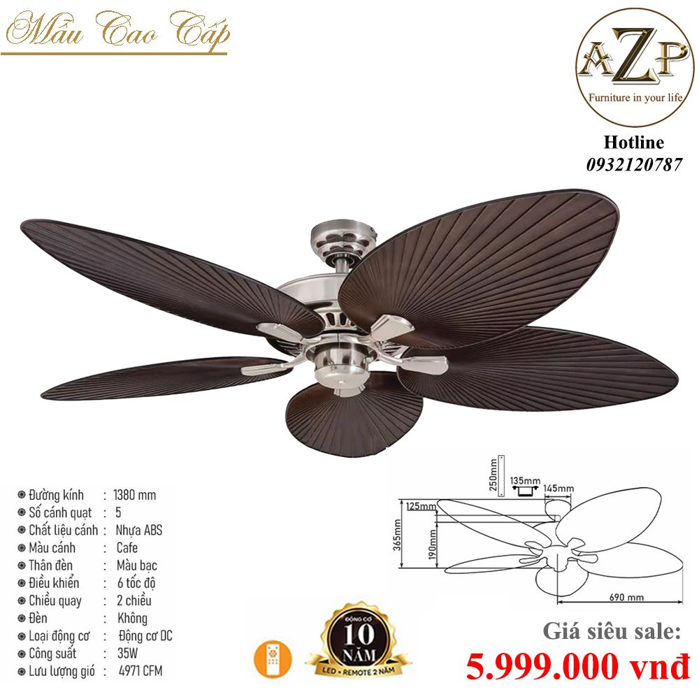 Quạt Nhóm Trung Lưu 5 Cánh Nhựa ABS - Không Đèn/ Bảo Hành 10 năm AZP-QTL45