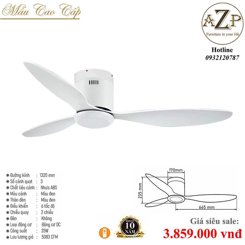 Quạt Nhóm Trung Lưu 3 Cánh Nhựa ABS - Không Đèn/ Bảo Hành 10 năm AZP-QTL66
