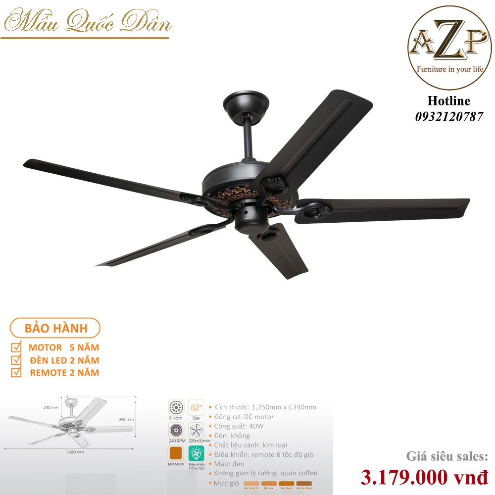 Quạt Nhóm Quốc Dân 5 Cánh Thép - Không Đèn/ Bảo Hành 5 năm AZP-QQD47
