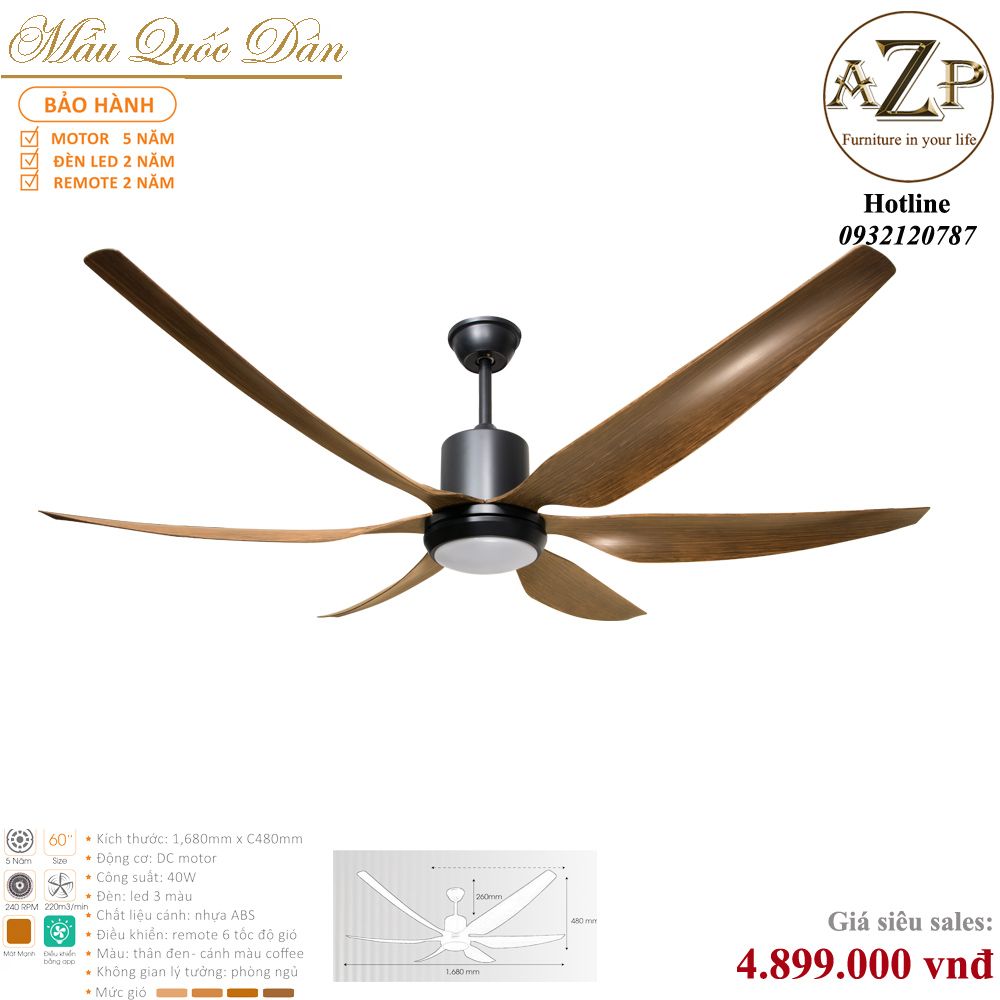 Quạt Nhóm Quốc Dân 5 Cánh Nhựa ABS - Có Đèn/ Bảo Hành 5 năm AZP-QQD100 15