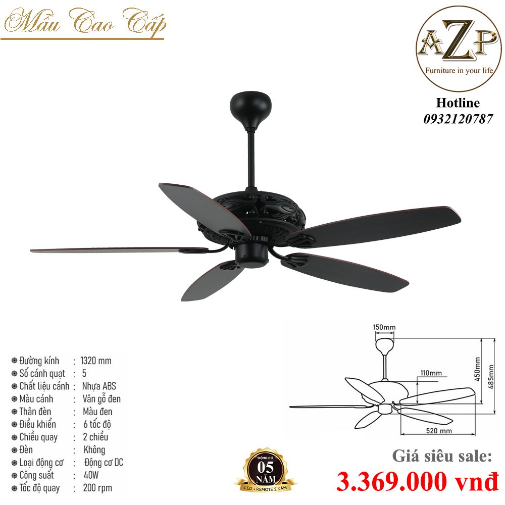 Quạt Nhóm Trung Lưu 5 Cánh Nhựa ABS - Không Đèn/ Bảo Hành 10 năm AZP-QTL36