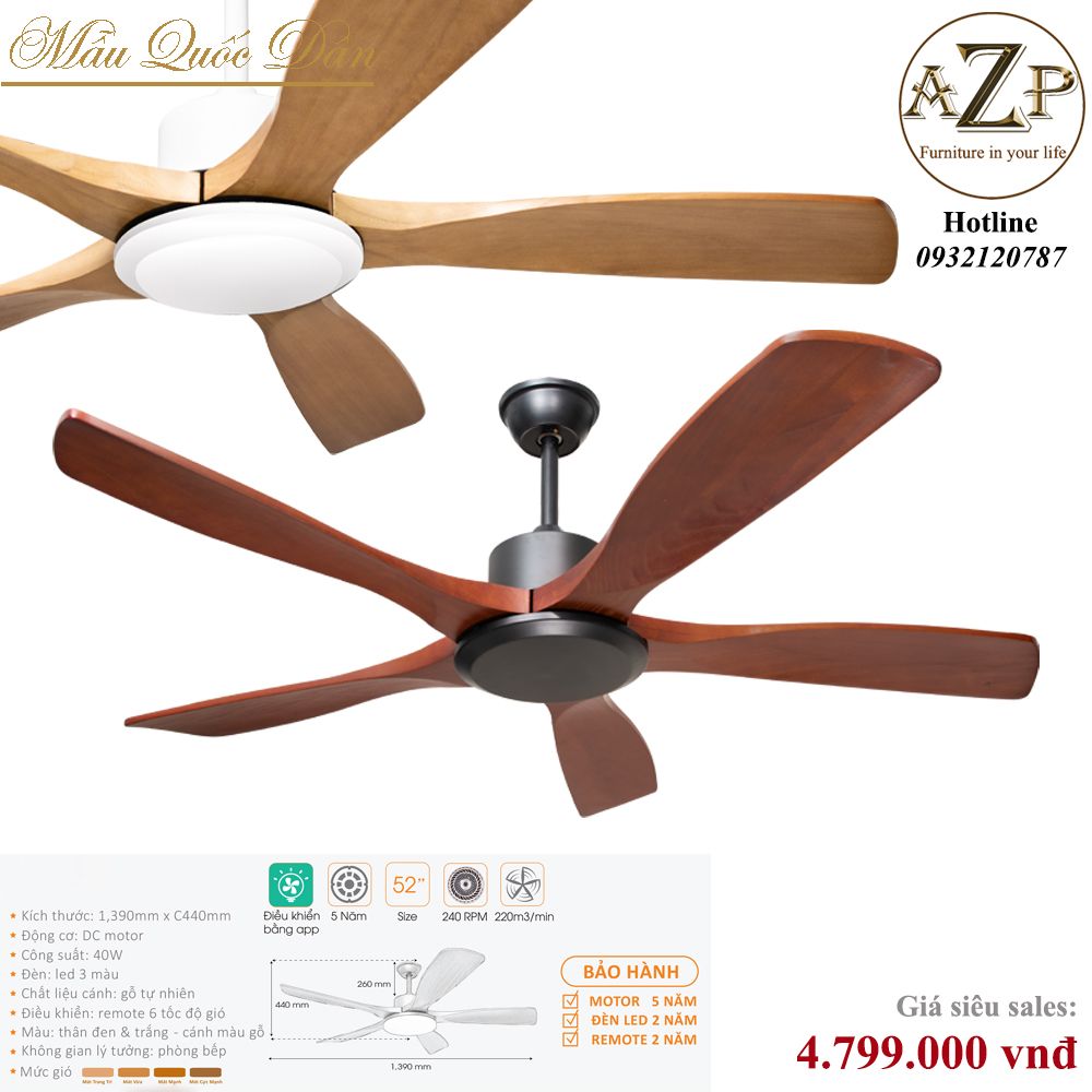 Quạt Nhóm Quốc Dân 5 Cánh Gỗ - Có Đèn/ Bảo Hành 5 năm AZP-QQD17