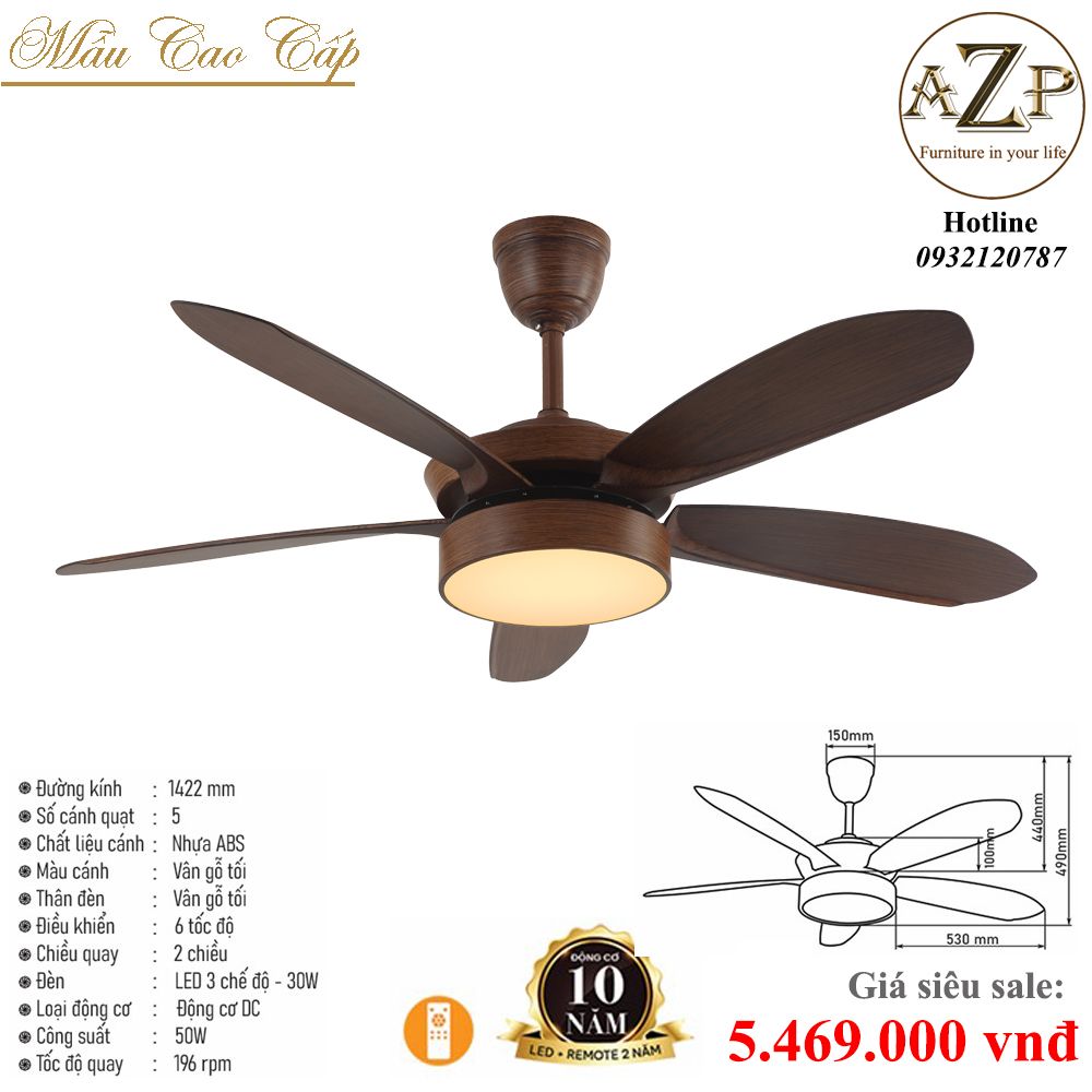 Quạt Nhóm Trung Lưu 5 Cánh Nhựa ABS  - Có Đèn/ Bảo Hành 10 năm AZP-QTL34