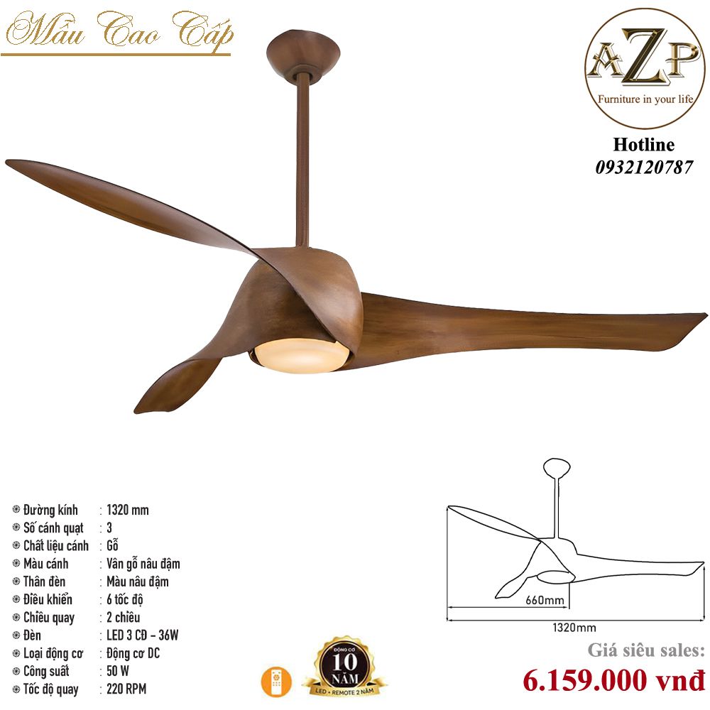 Quạt Nhóm Trung Lưu 3 cánh Gỗ - Có Đèn / Bảo Hành 10 năm-AZP-QTL5
