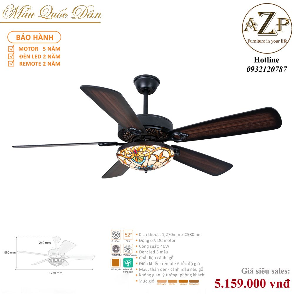 Quạt Nhóm Quốc Dân 5 Cánh Gỗ - Có Đèn/ Bảo Hành 5 năm AZP-QQD21