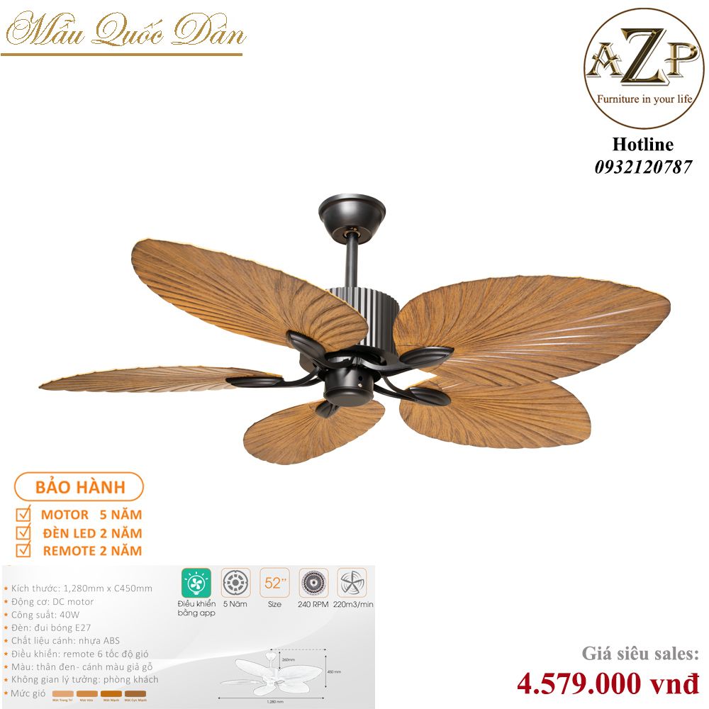 Quạt Nhóm Quốc Dân 5 Cánh Nhựa ABS - Có Đèn/ Bảo Hành 5 năm AZP-QQD63