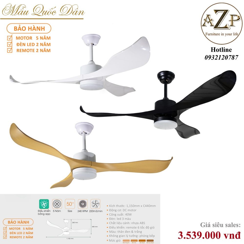 Quạt Nhóm Quốc Dân 3 Cánh Nhựa ABS - Có Đèn/ Bảo Hành 5 năm AZP-QQD61
