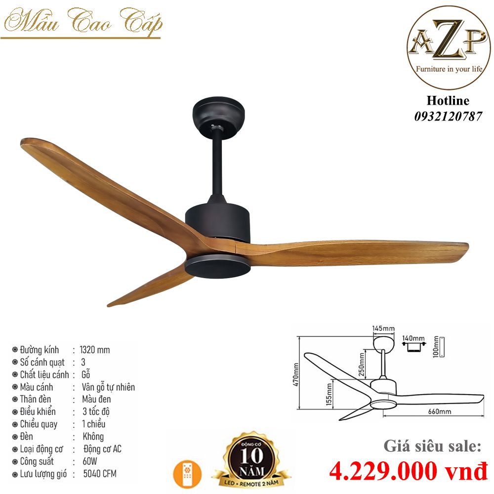 Quạt Nhóm Trung Lưu 3 Cánh Gỗ  - Không Đèn/ Bảo Hành 10 năm AZP-QTL25