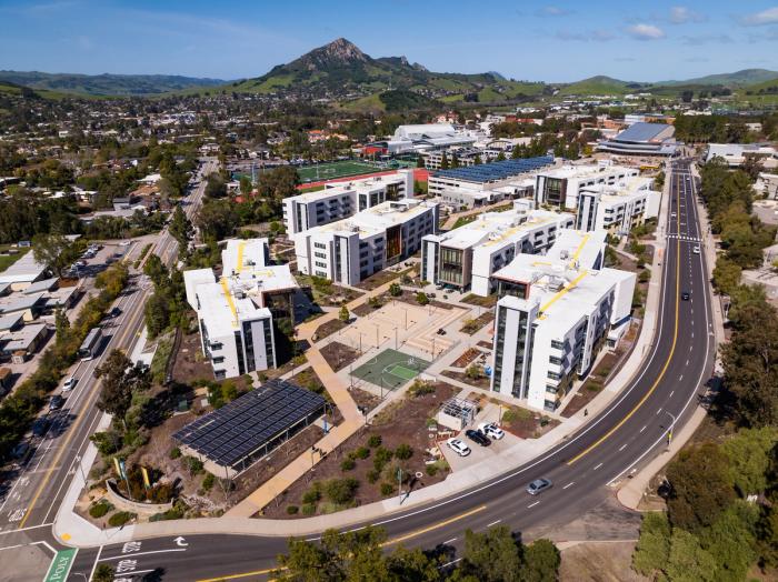 Aerial shot of campus directly overlooking the yakʔitʸutʸu student housing complex.