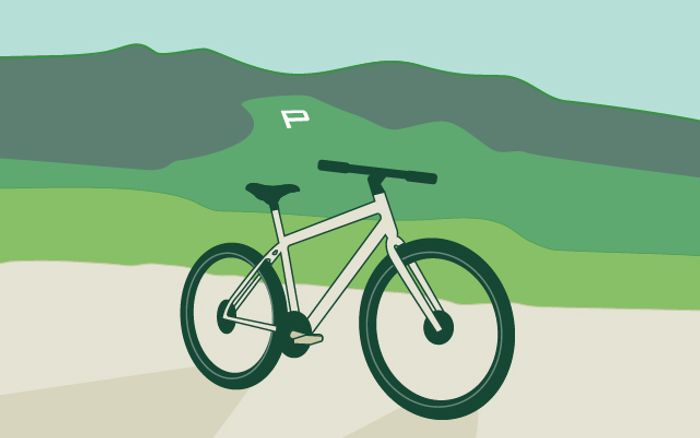 Graphic of a bike in front of the Bishop Peak 
