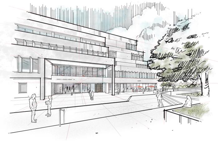 A construction rendering for the Kennedy Library renovation at Cal Poly, San Luis Obispo