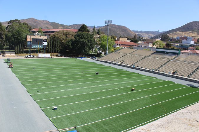 New turf at Alex G. Spanos Stadium at Cal Poly.