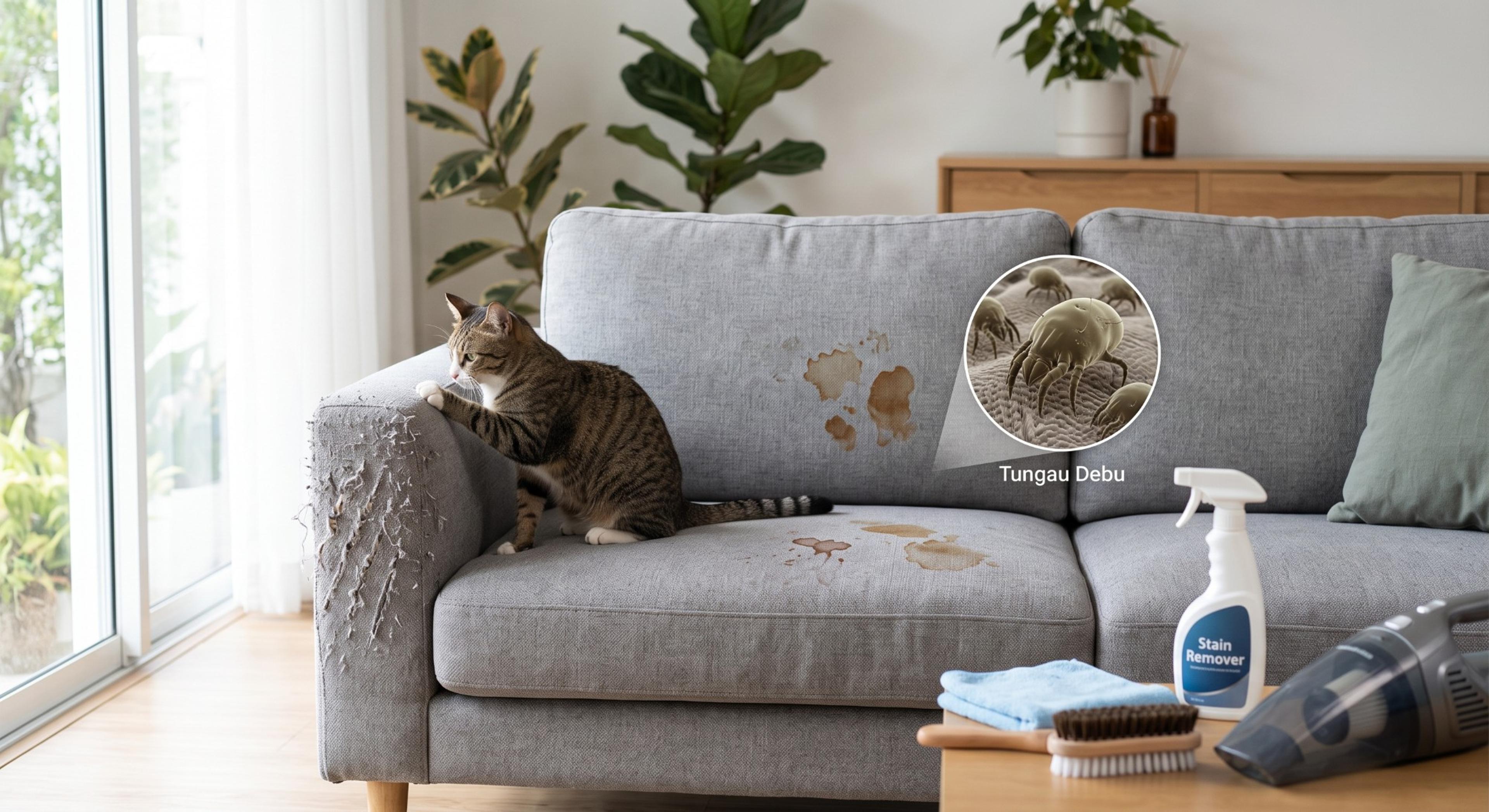 Sofa abu-abu dengan noda, bekas cakaran kucing, dan ilustrasi tungau debu, di samping alat pembersih sofa