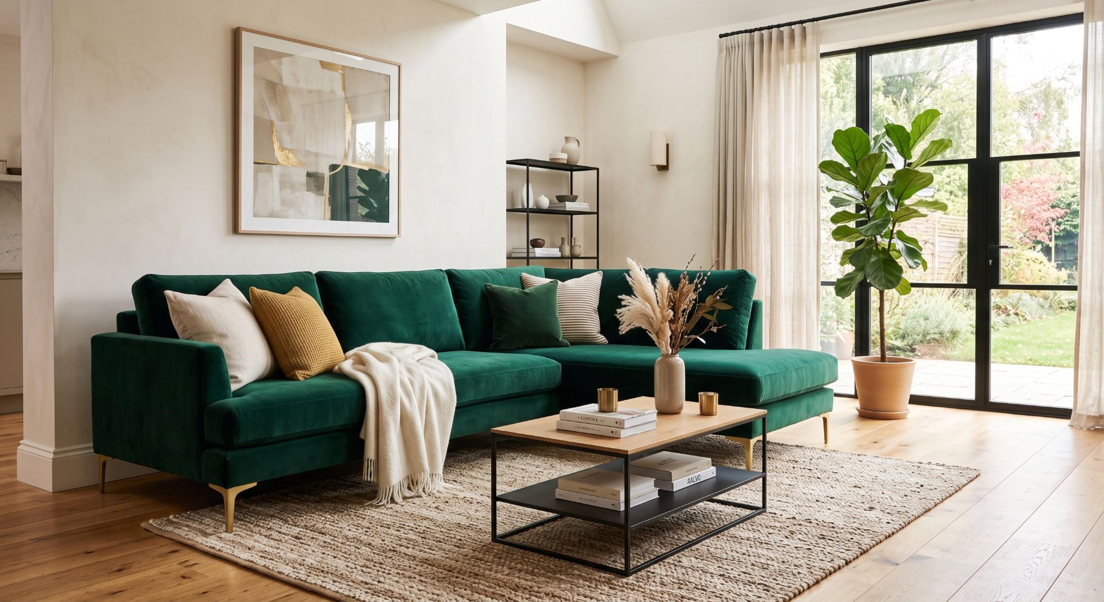 Sofa L beludru hijau di ruang keluarga yang terang dengan meja kopi dan karpet