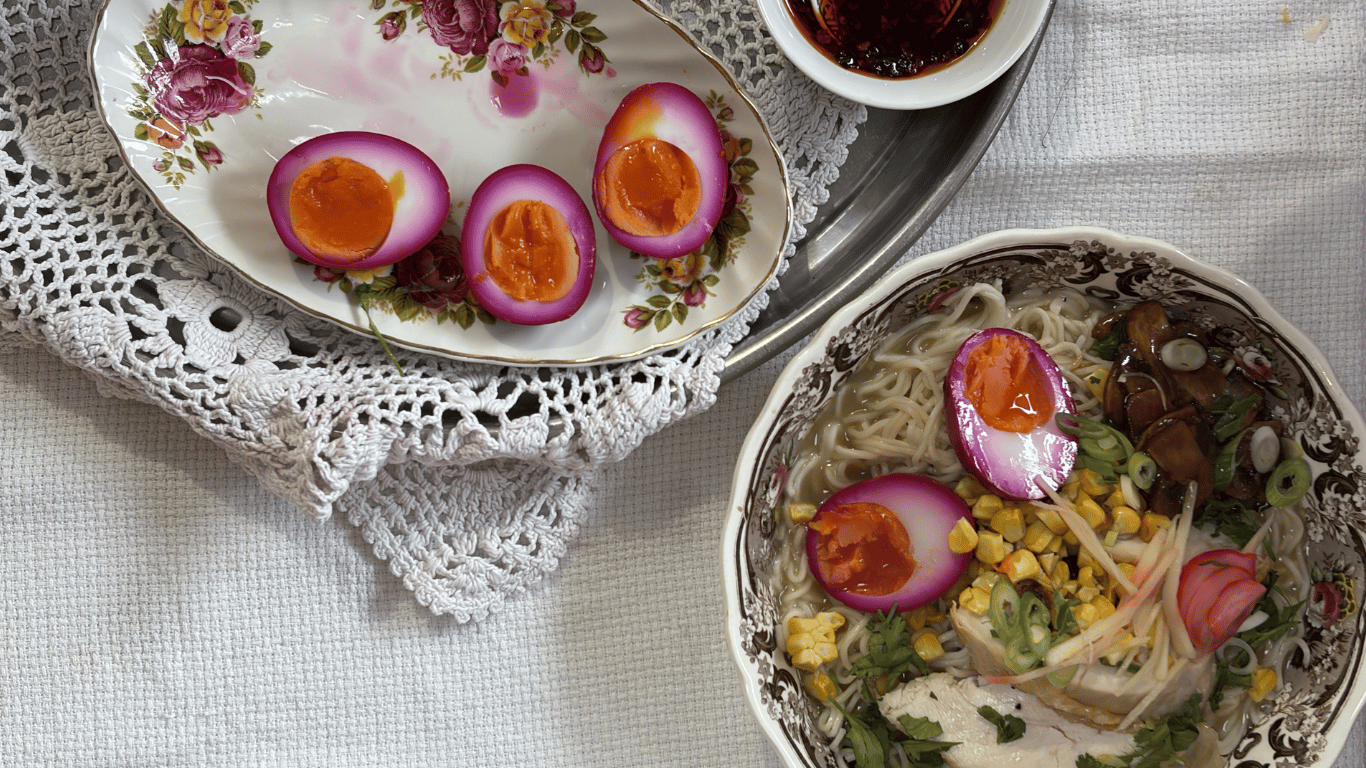 Naughty Nonna’s Chicken Ramen with Beetroot-Pickled Rich Yolk Egg