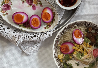 Naughty Nonna’s Chicken Ramen with Beetroot-Pickled Rich Yolk Egg