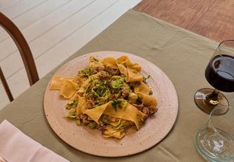 Rich Yolk Pappardelle with Pork, Sprout and Sage Ragu