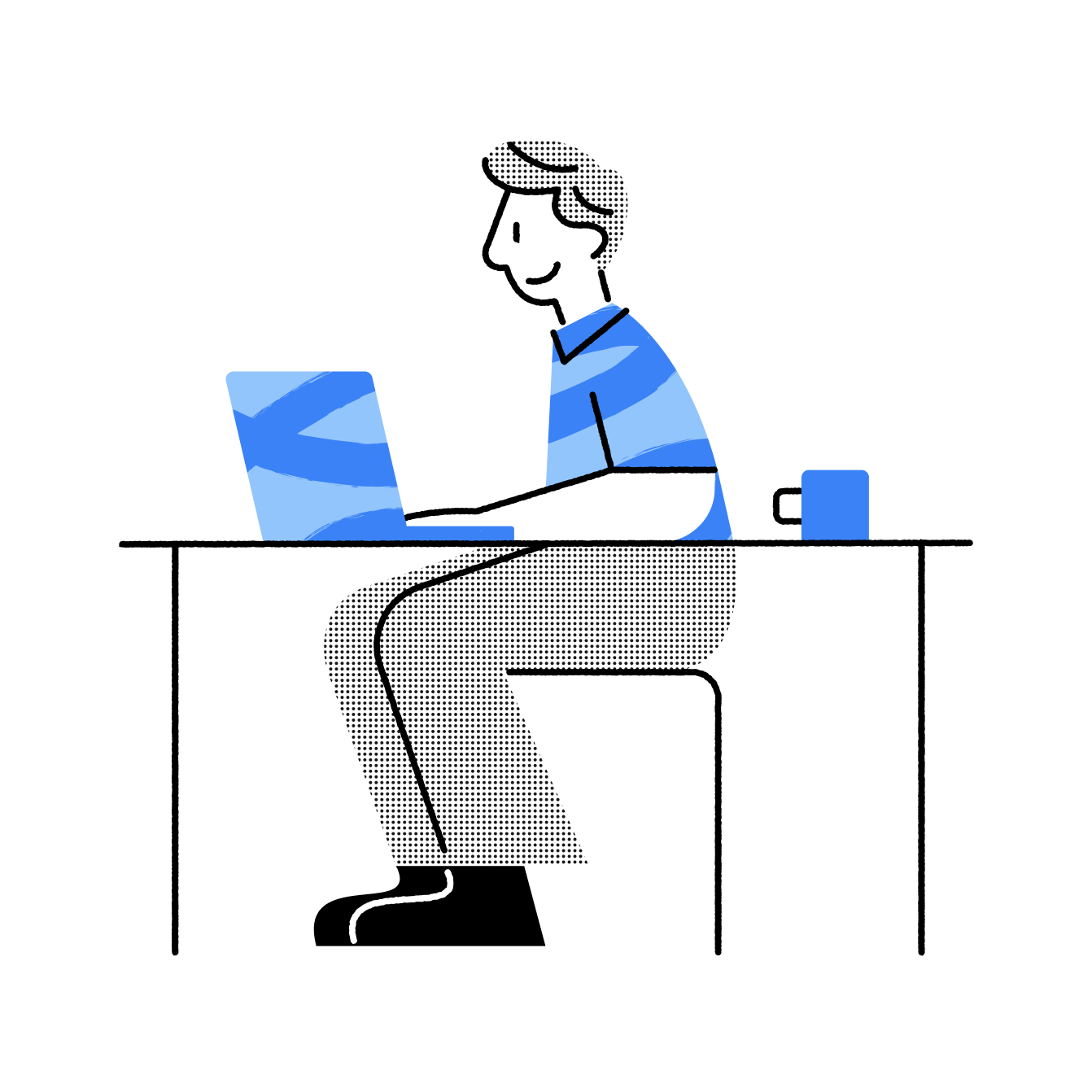 Illustration of a person working on a laptop at a desk with a cup of coffee