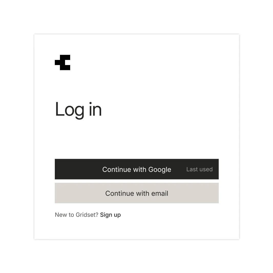 Gridset's log-in screen offering Continue with Google and Continue with email — no password field
