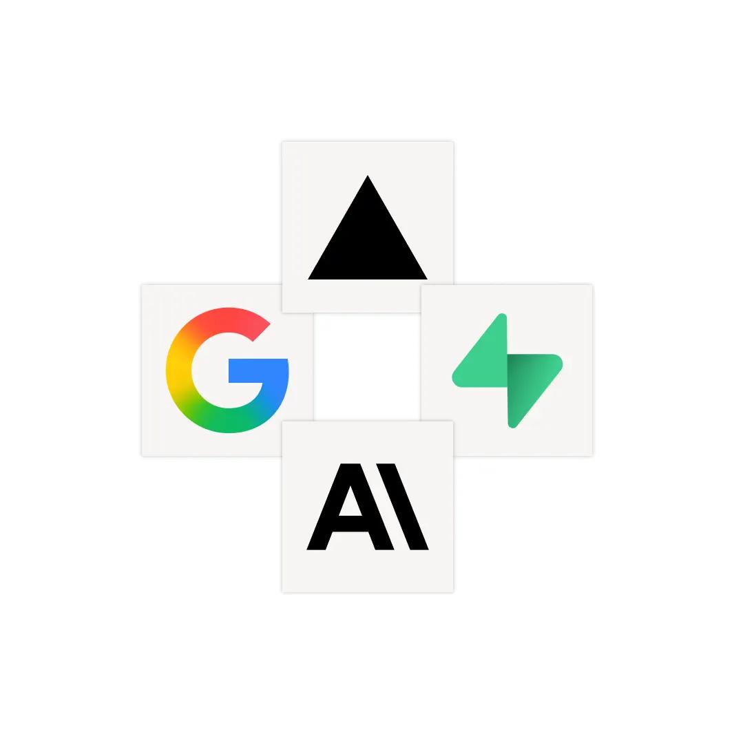 Logo tiles for Vercel, Google, Supabase and Anthropic arranged around a centre square