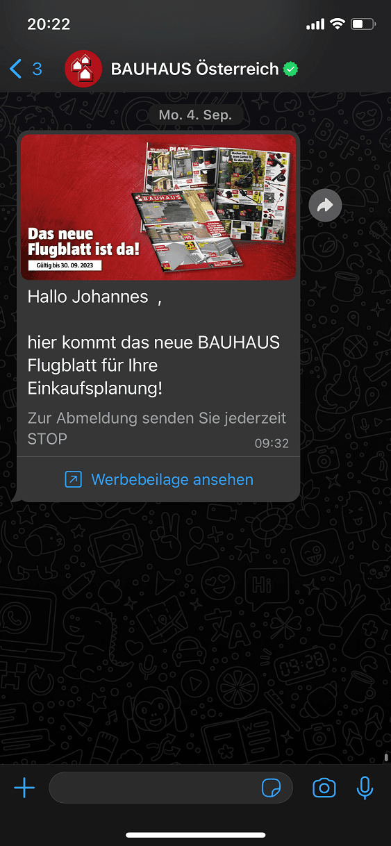 BAUHAUS Austria was one of the first major retailers to send the flyer via WhatsApp in Austria.