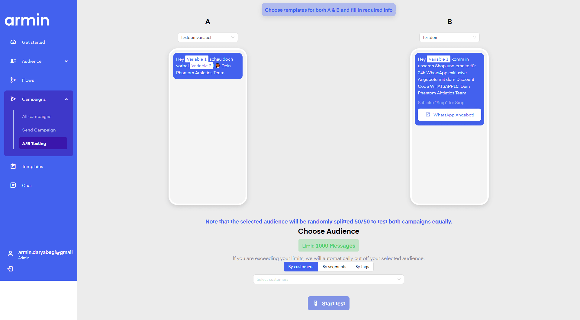 Do and schedule ChatGPT A/B testing of your WhatsApp marketing campaigns through Chatarmin.