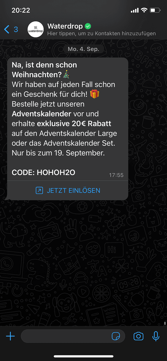 waterdrop® WhatsApp campaign — 90%+ open rate, 30%+ CTR, RPR above €3.50