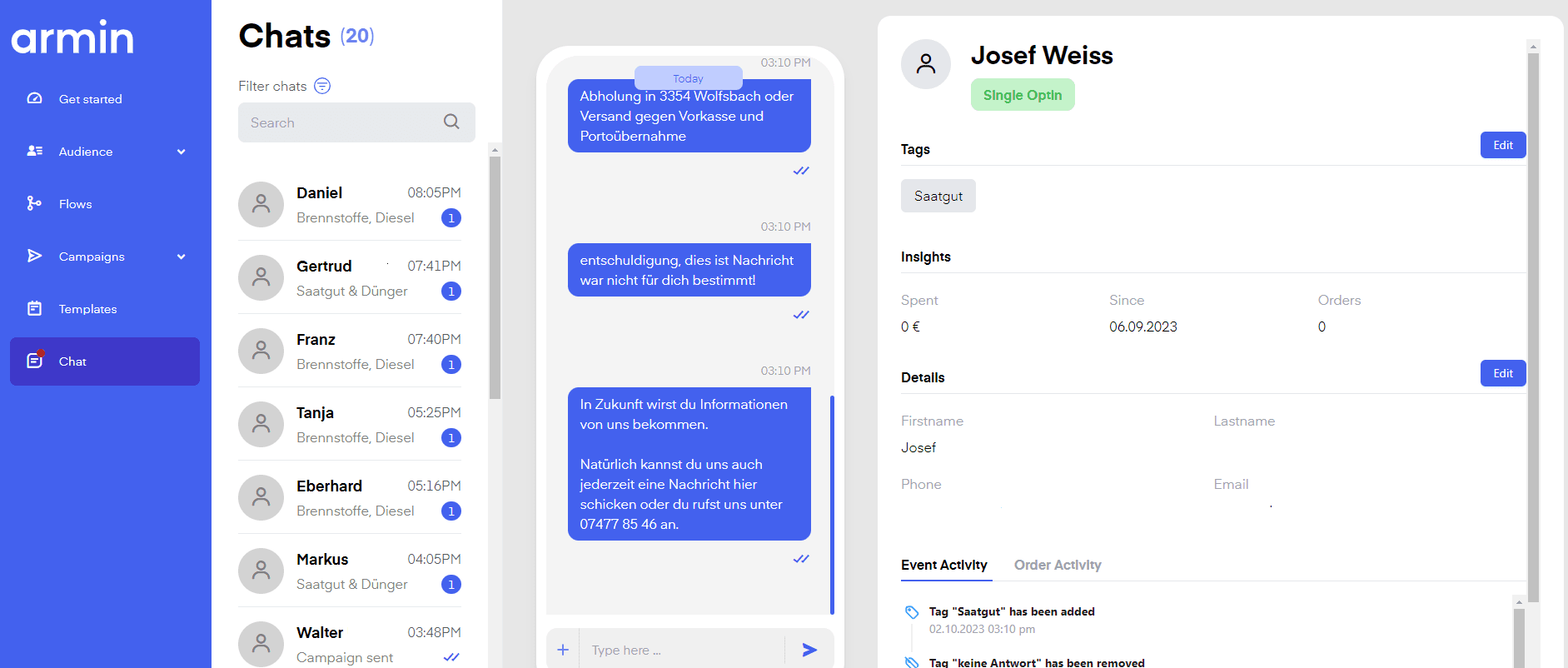 B2B sales through Chatarmin — example family business Kammerberger