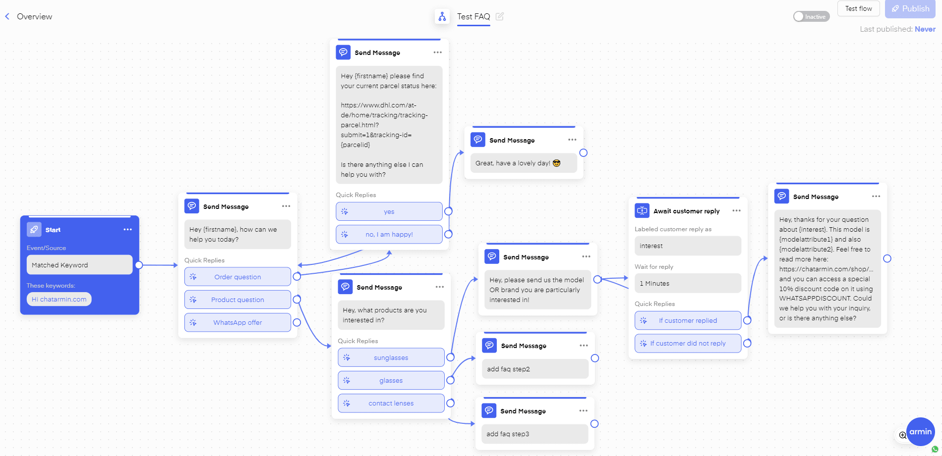build a whatsapp chatbot faq through the chatarmin.com flow builder